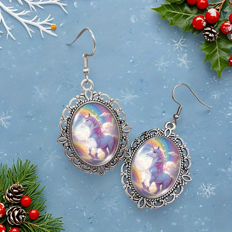 Rainbow Unicorn Oval Dangle Earrings, Handcrafted Gift
